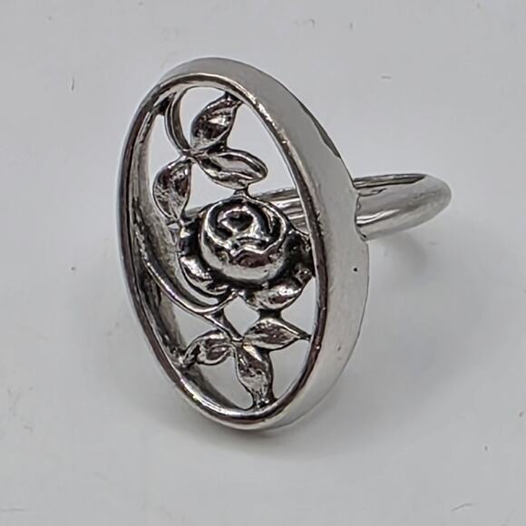 Avon Jewelry - Vintage Avon Rose Ring Silver Tone Oval Filigree Floral Cottagecore Boho